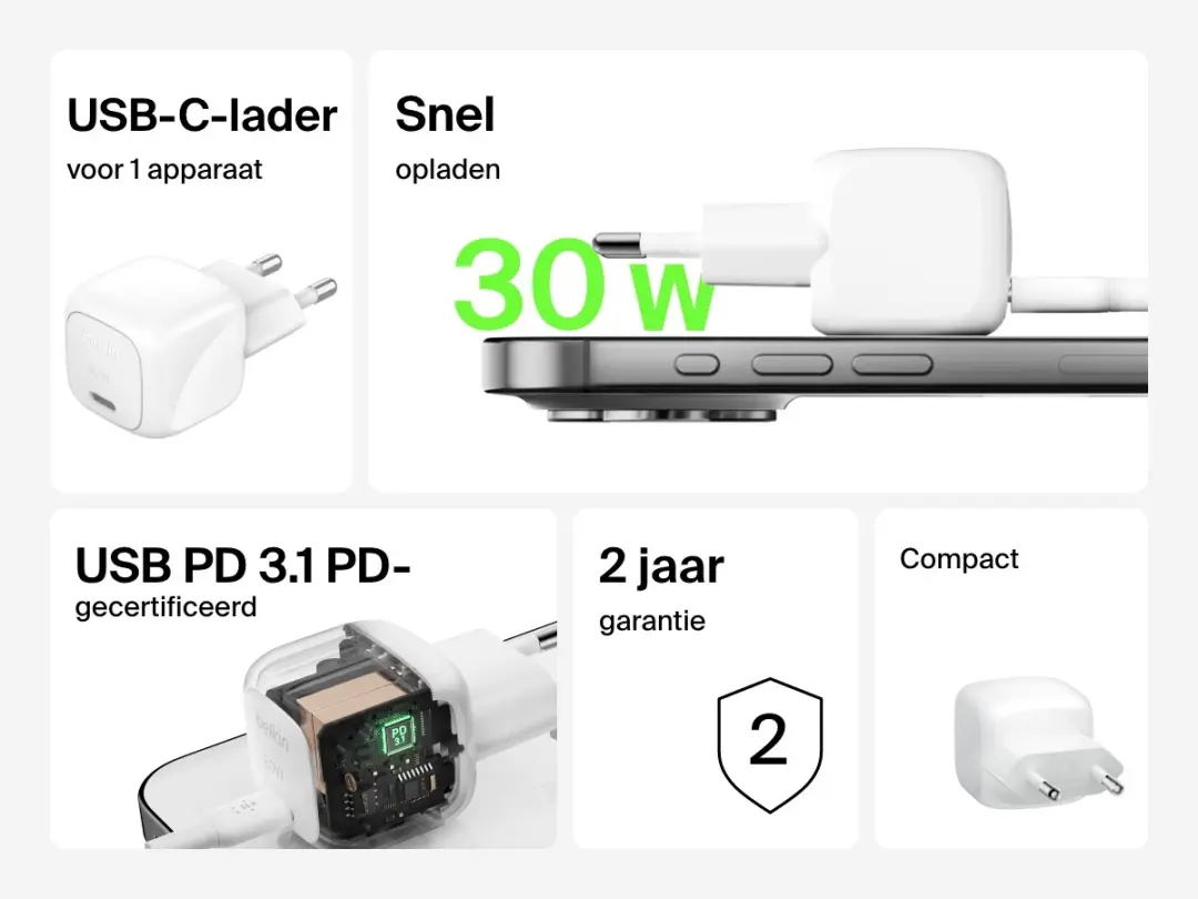 Belkin WCA008KQ1MWH-B5 USB-C Wandlader 30W - Wit
