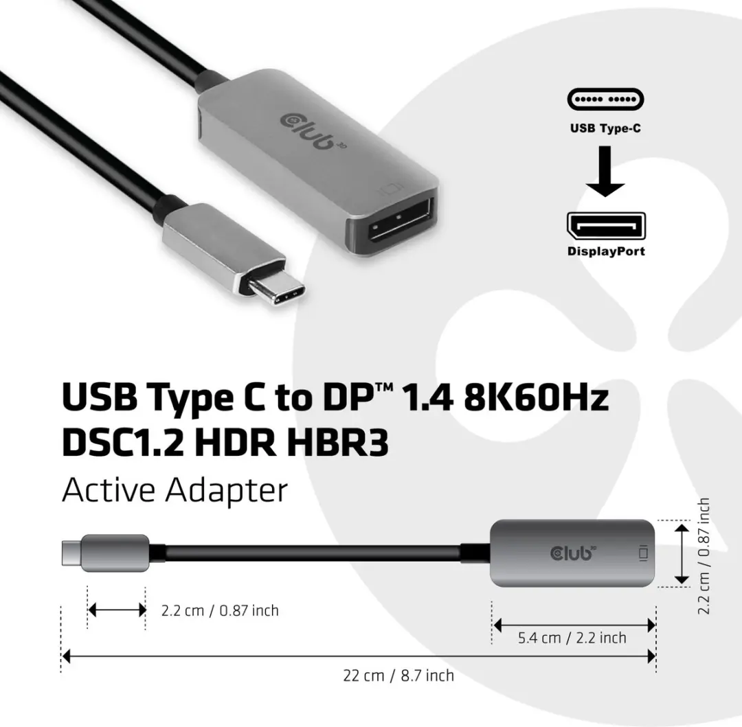 Club 3D USB-C naar DisplayPort 1.4 8K60Hz Adapter - Zwart/Zilver