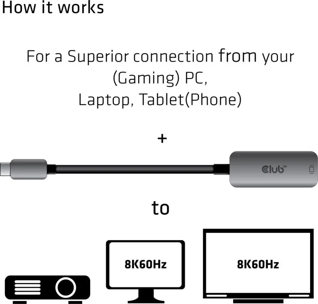 Club 3D USB-C naar DisplayPort 1.4 8K60Hz Adapter - Zwart/Zilver - afbeelding 6 van 6