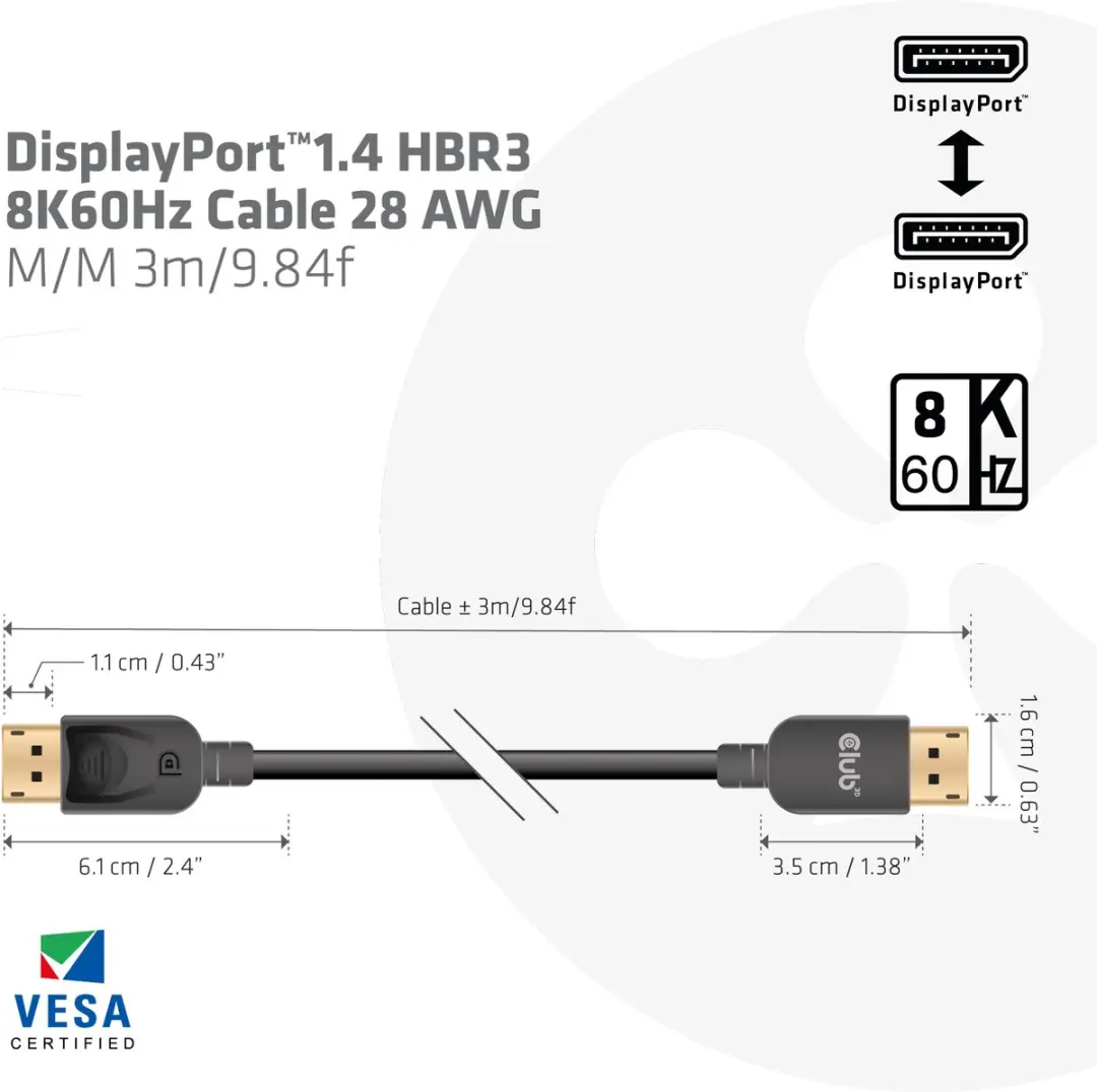Club 3D DisplayPort 1.4 Kabel 8K 3m - Zilver