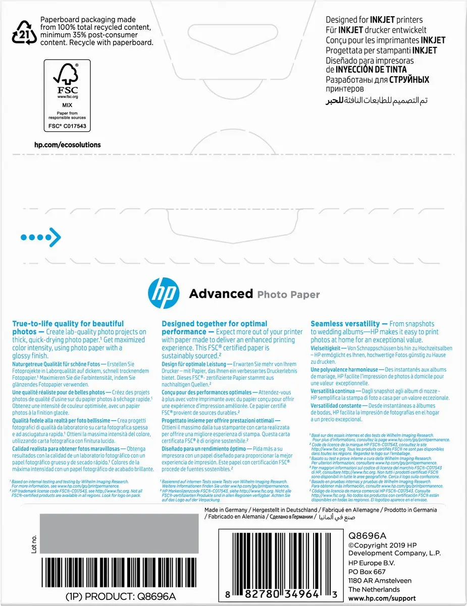 HP Q8696A Fotopapier 13x18cm 250g/m² - 25 Vel Wit