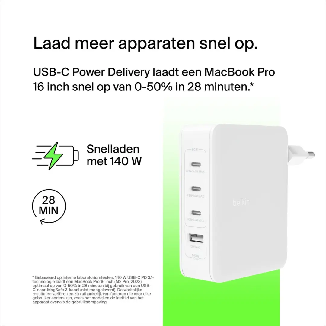 Belkin BoostCharge Pro WCH014btWH 140W Wandlader - 4 Poorten - Wit - afbeelding 6 van 6