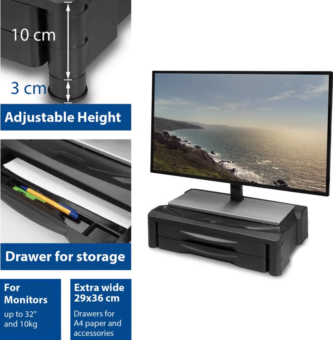 ACT AC8215 Monitorstandaard Ultra Wide - 2 Opberglades - 32" - 10kg - Zwart