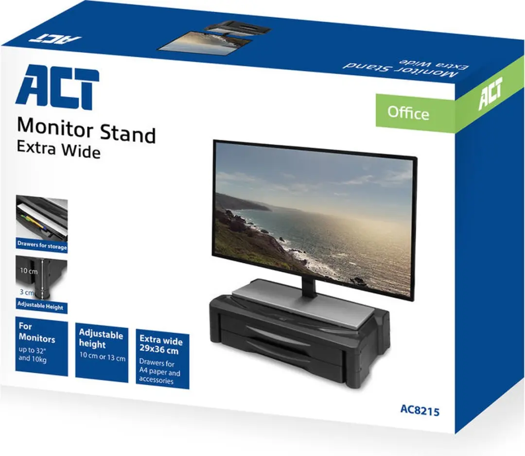 ACT AC8215 Monitorstandaard Ultra Wide - 2 Opberglades - 32" - 10kg - Zwart