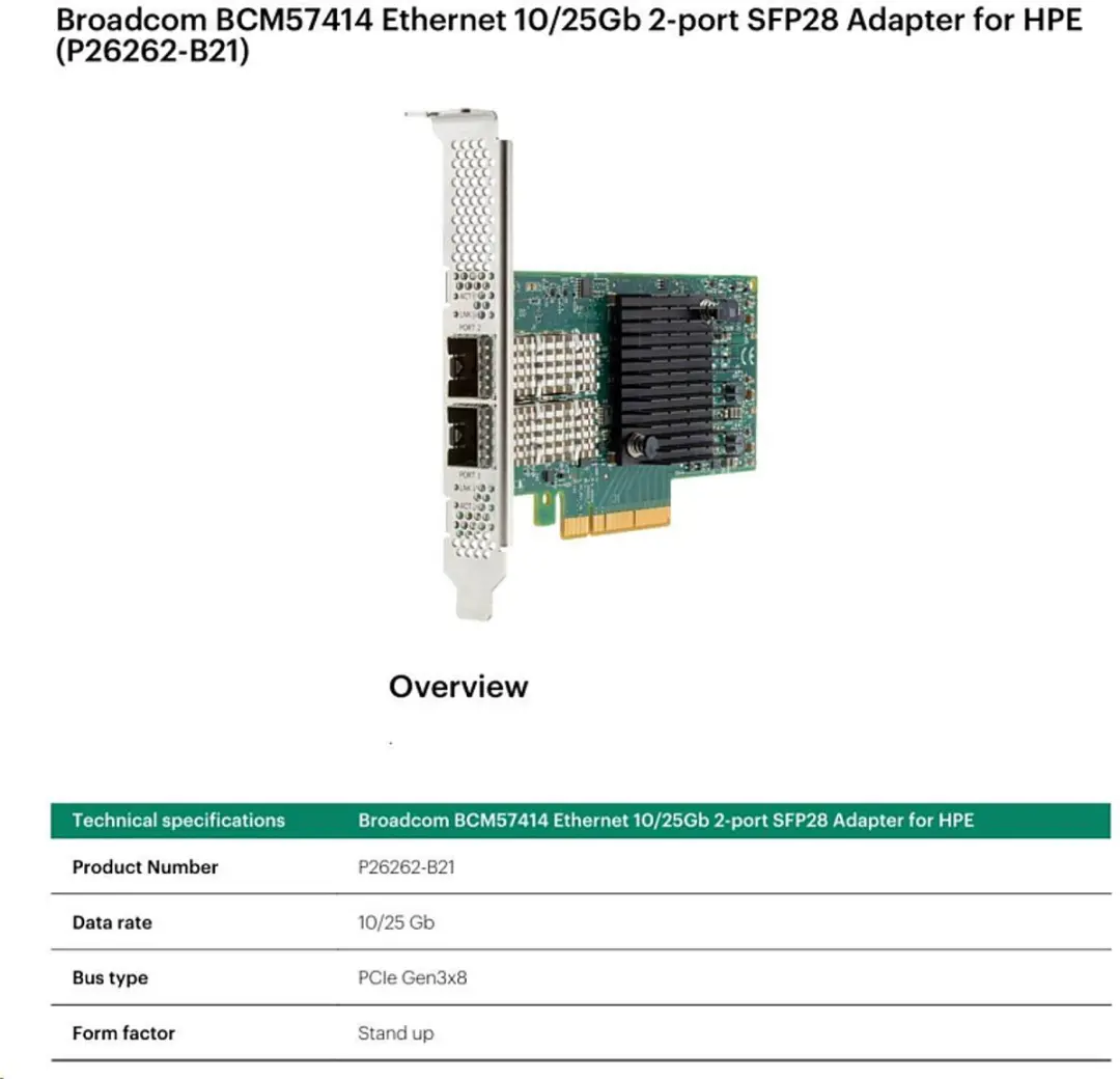 HPE BCM57414 Ethernet 2-Port SFP28 25Gb - Groen