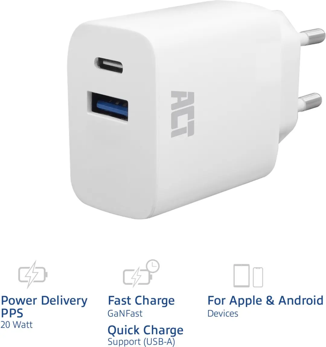 ACT AC2122 USB-C & USB-A Lader 20W - Wit