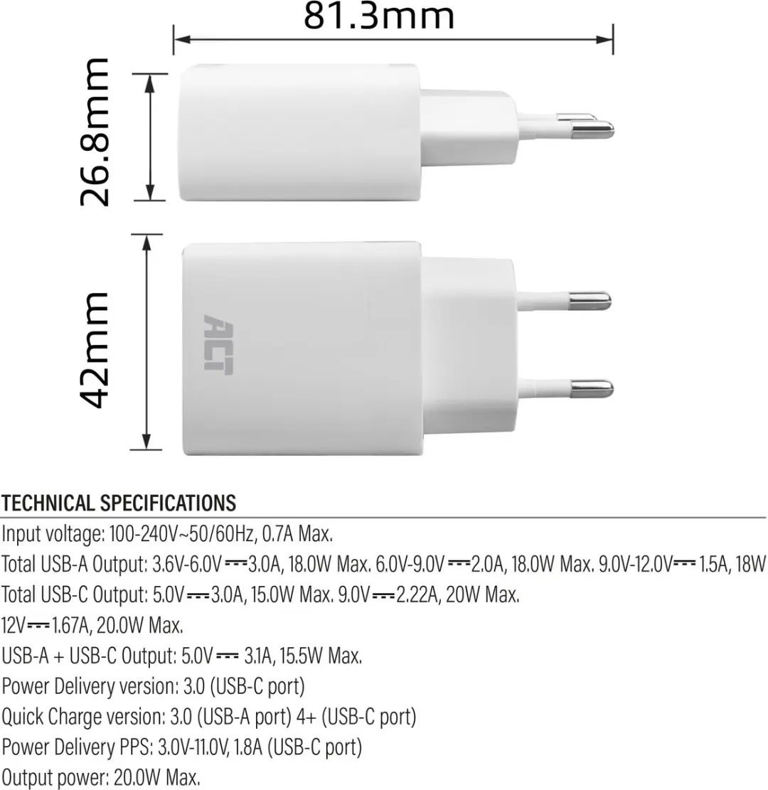 ACT AC2122 USB-C & USB-A Lader 20W - Wit