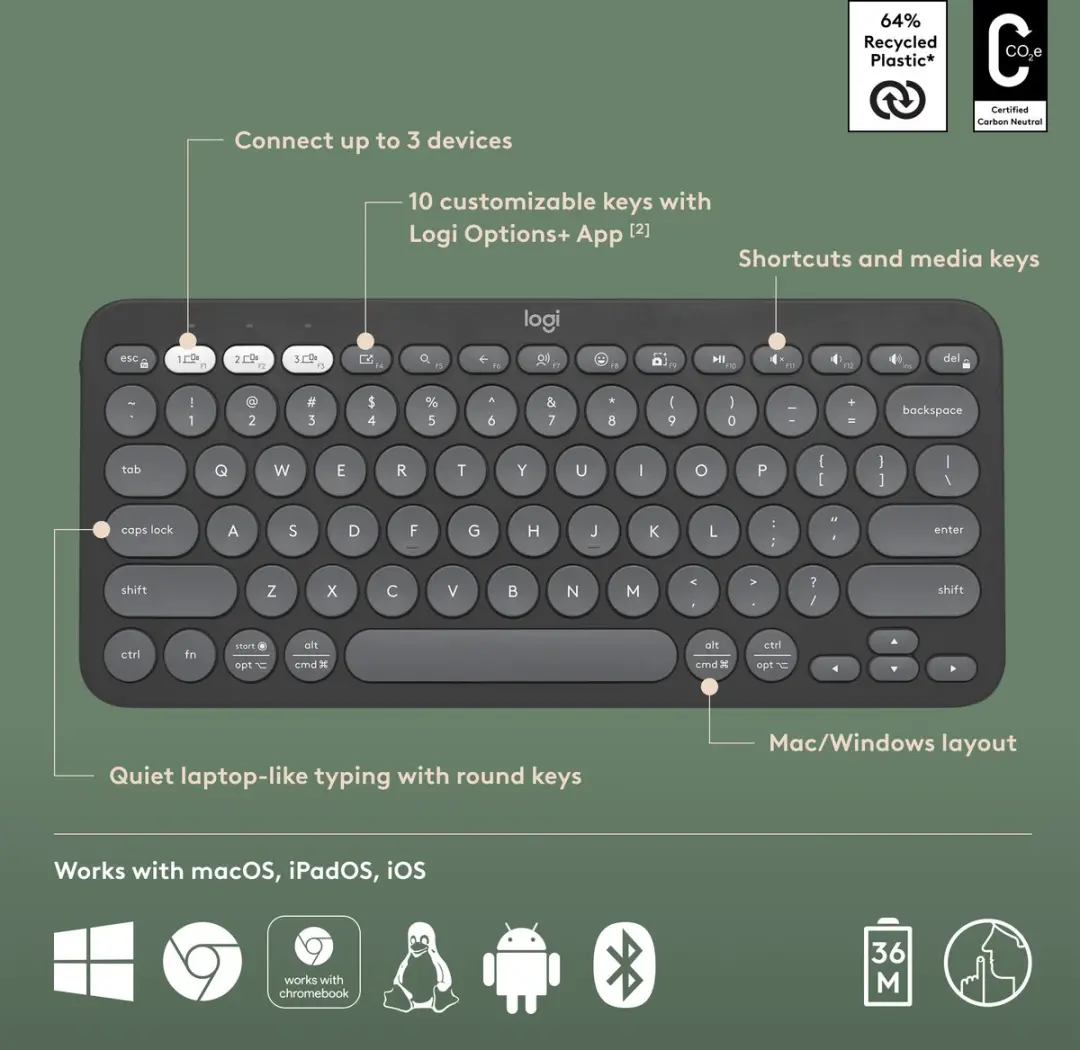 Logitech Pebble Keys 2 K380s Draadloos Toetsenbord - Azerty - Grafiet