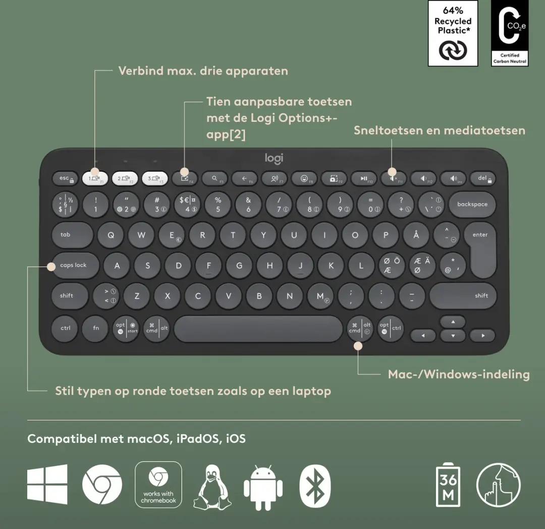 Logitech Pebble Keys 2 K380s Draadloos Toetsenbord - Azerty - Grafiet - afbeelding 6 van 6