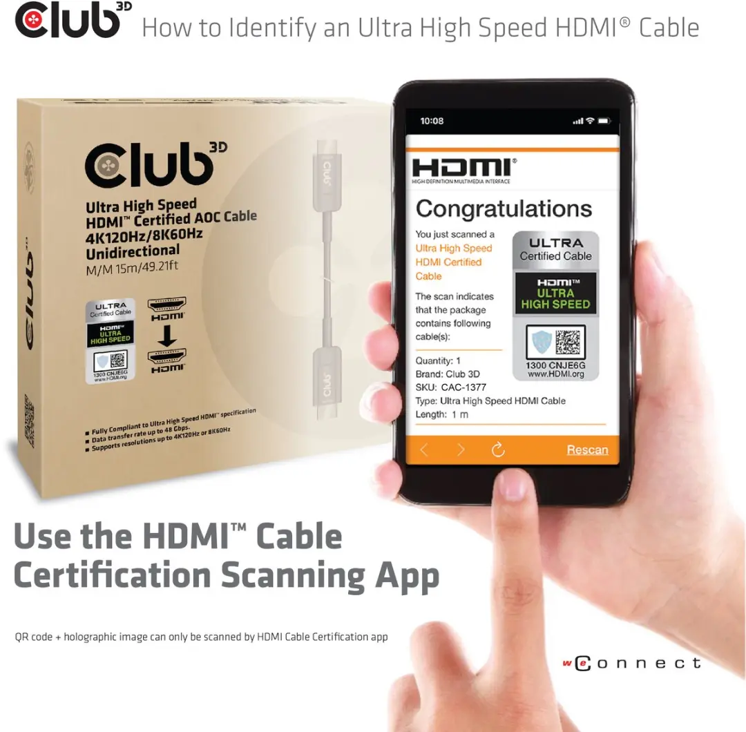 Club 3D AOC CAC-1377 HDMI Kabel 4K120Hz - 15m - Zwart - afbeelding 5 van 6