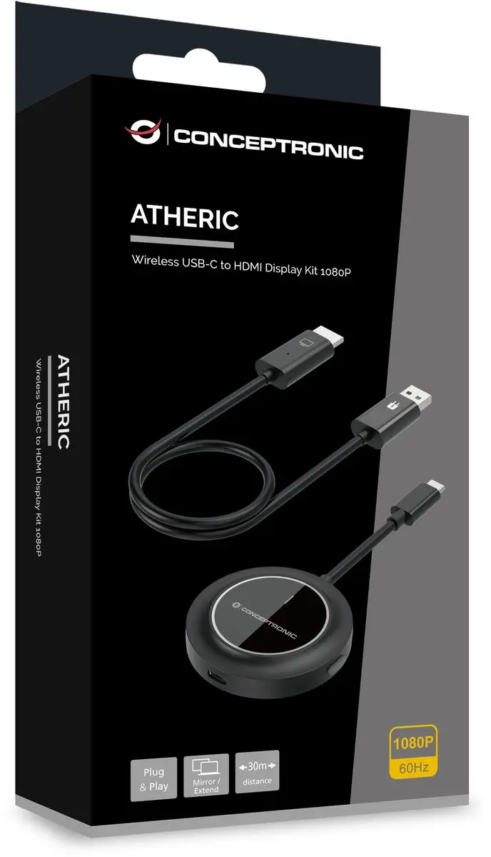 Conceptronic ATHERIC01B Draadloze USB-C naar HDMI Adapter 1080P - Zwart - afbeelding 4 van 6
