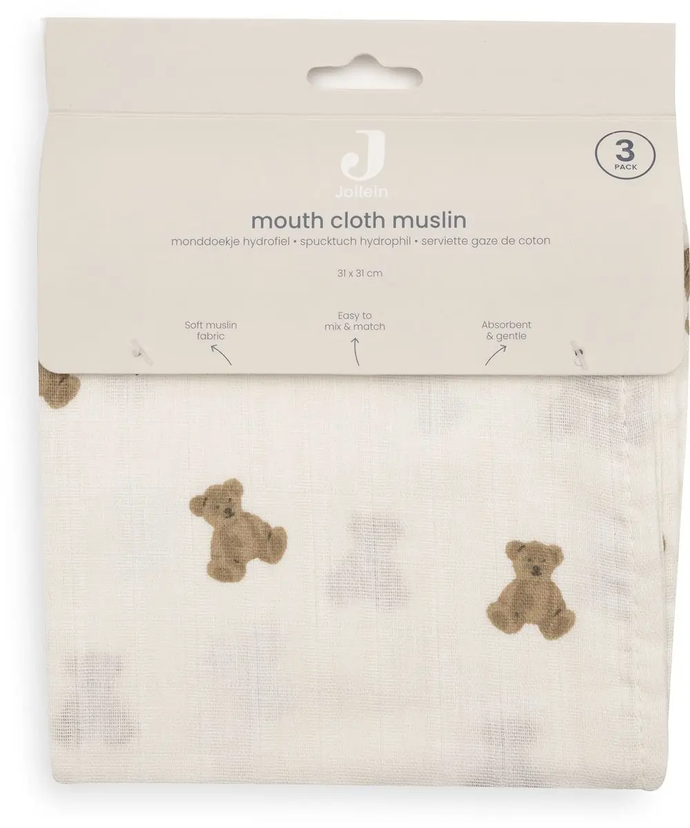 Jollein Hydrofiel Monddoekje 31x31cm Mini Teddy Bear - 3 Stuks