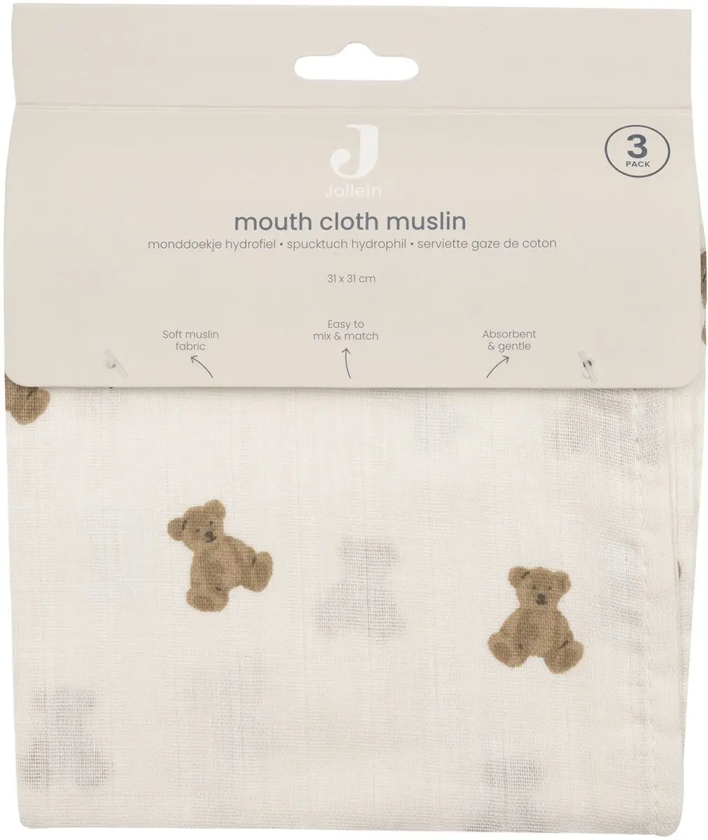 Jollein Hydrofiel Monddoekje 31x31cm Mini Teddy Bear - 3 Stuks