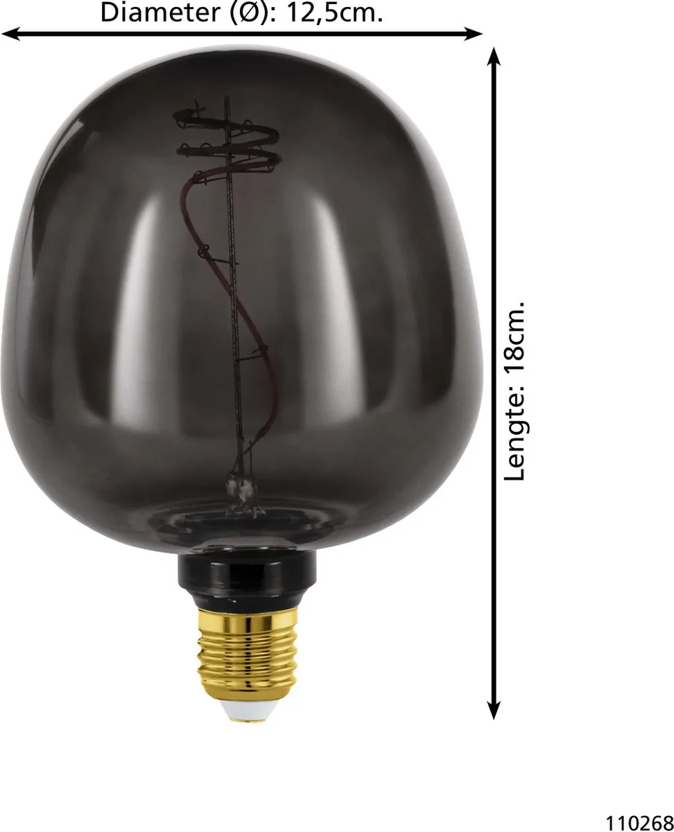 Eglo LED Lamp E27 Ø12,5cm G125 Rookglas - 4W 2000K Dimbaar