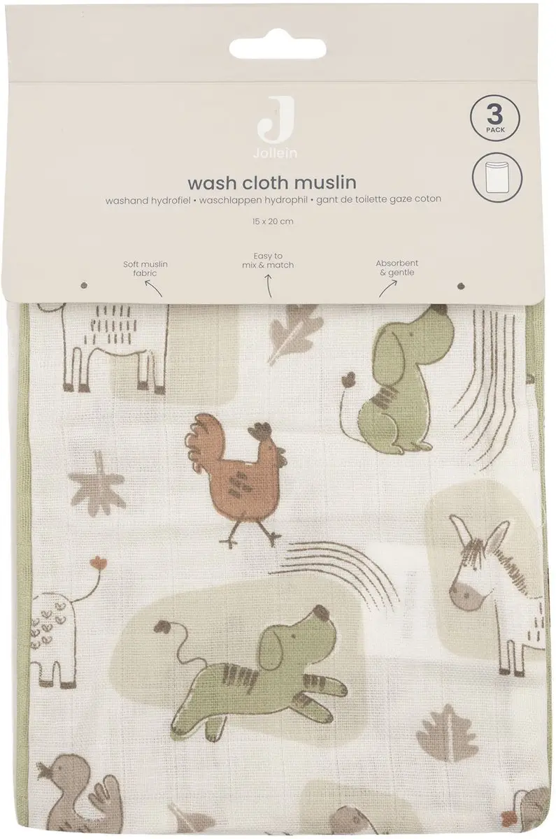 Jollein Hydrofiel Washandje Barn Buddies 15x20cm - 3 Stuks - Multicolor