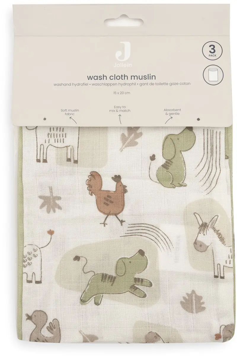 Jollein Hydrofiel Washandje Barn Buddies 15x20cm - 3 Stuks - Multicolor