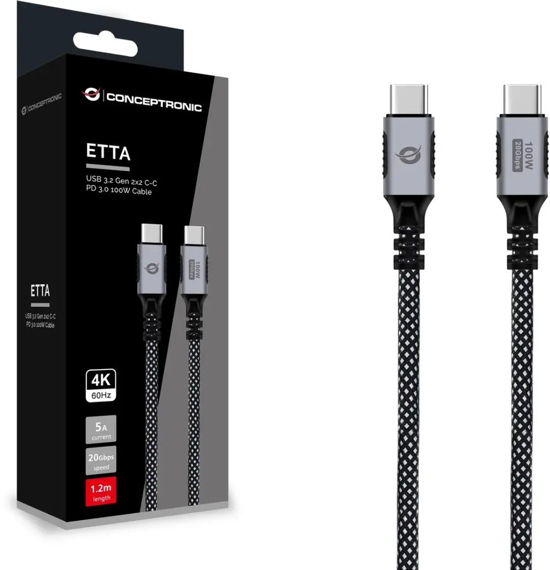 Conceptronic ETTA07B12 USB 3.2 Gen 2x2 Kabel - 1,2m - USB-C - Zwart - afbeelding 2 van 5