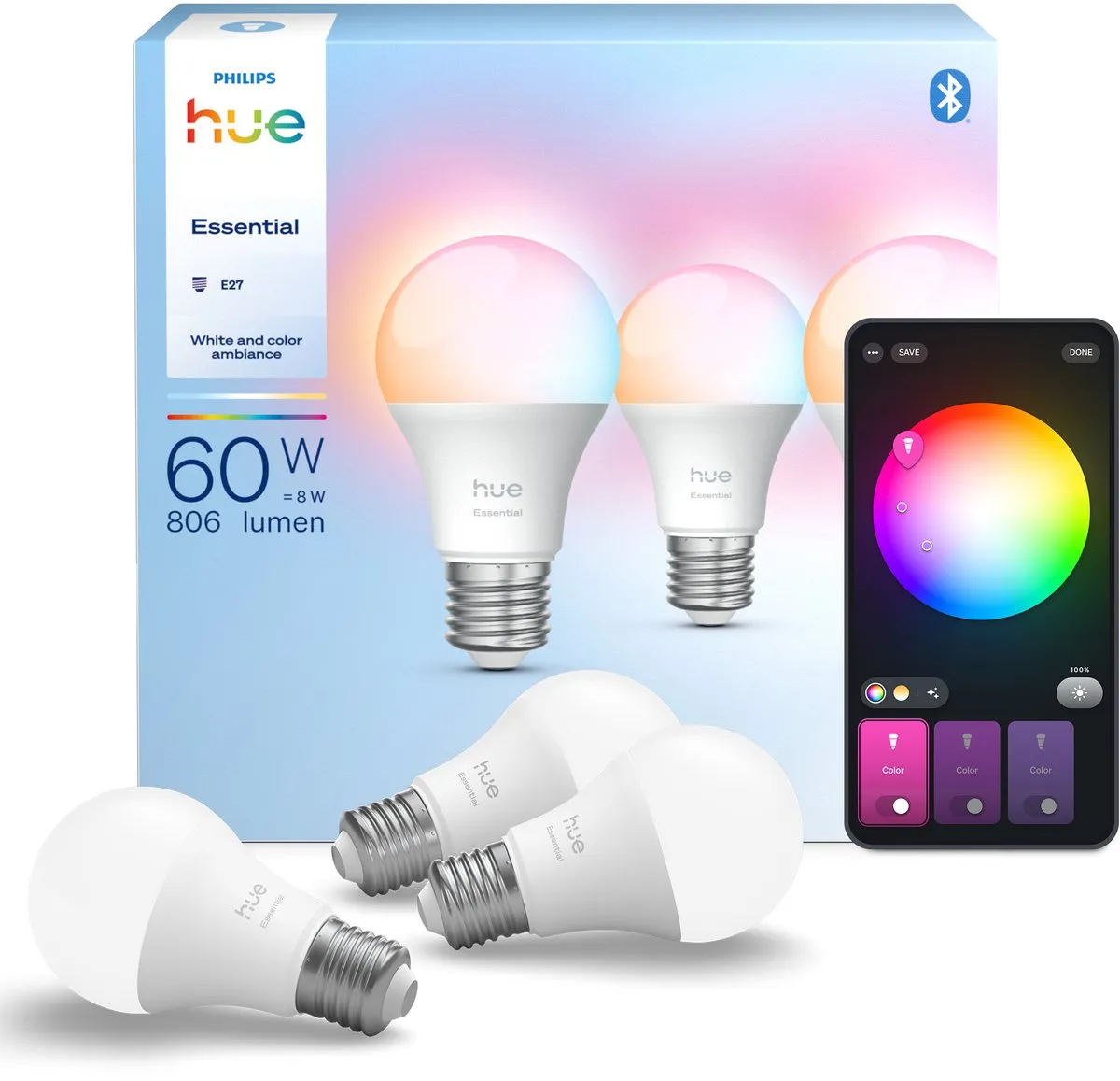 Philips Hue Essential Slimme A60 RGBW 8W - 3 Stuks - Mat