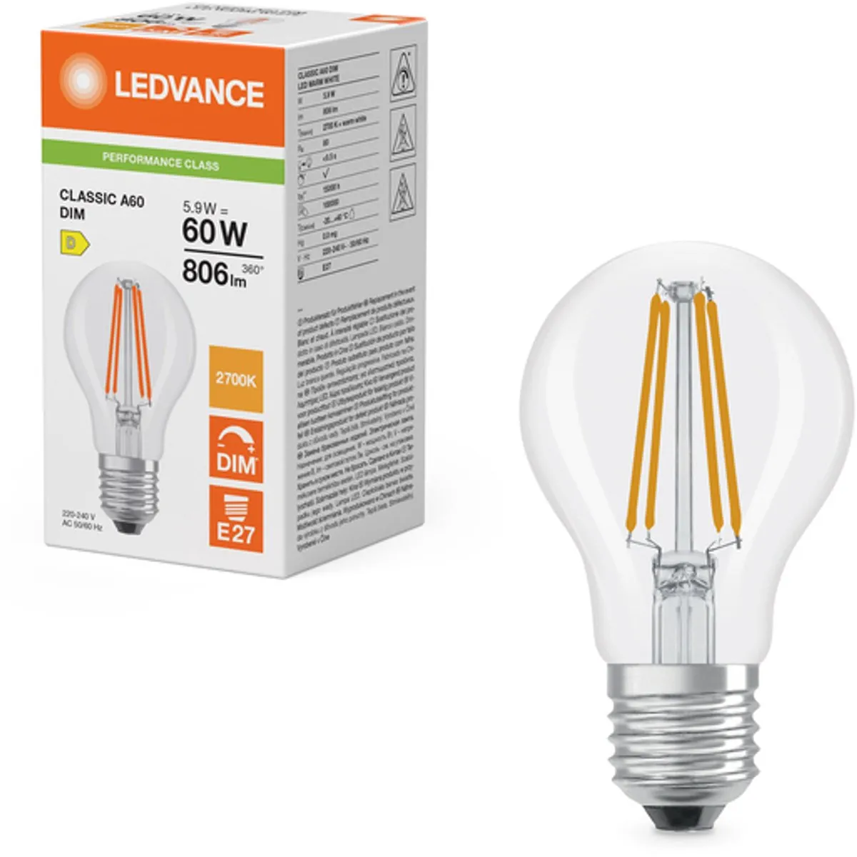 LEDVANCE LED Lamp A60 Filament E27 5.9W 806lm - Warm wit 2700K