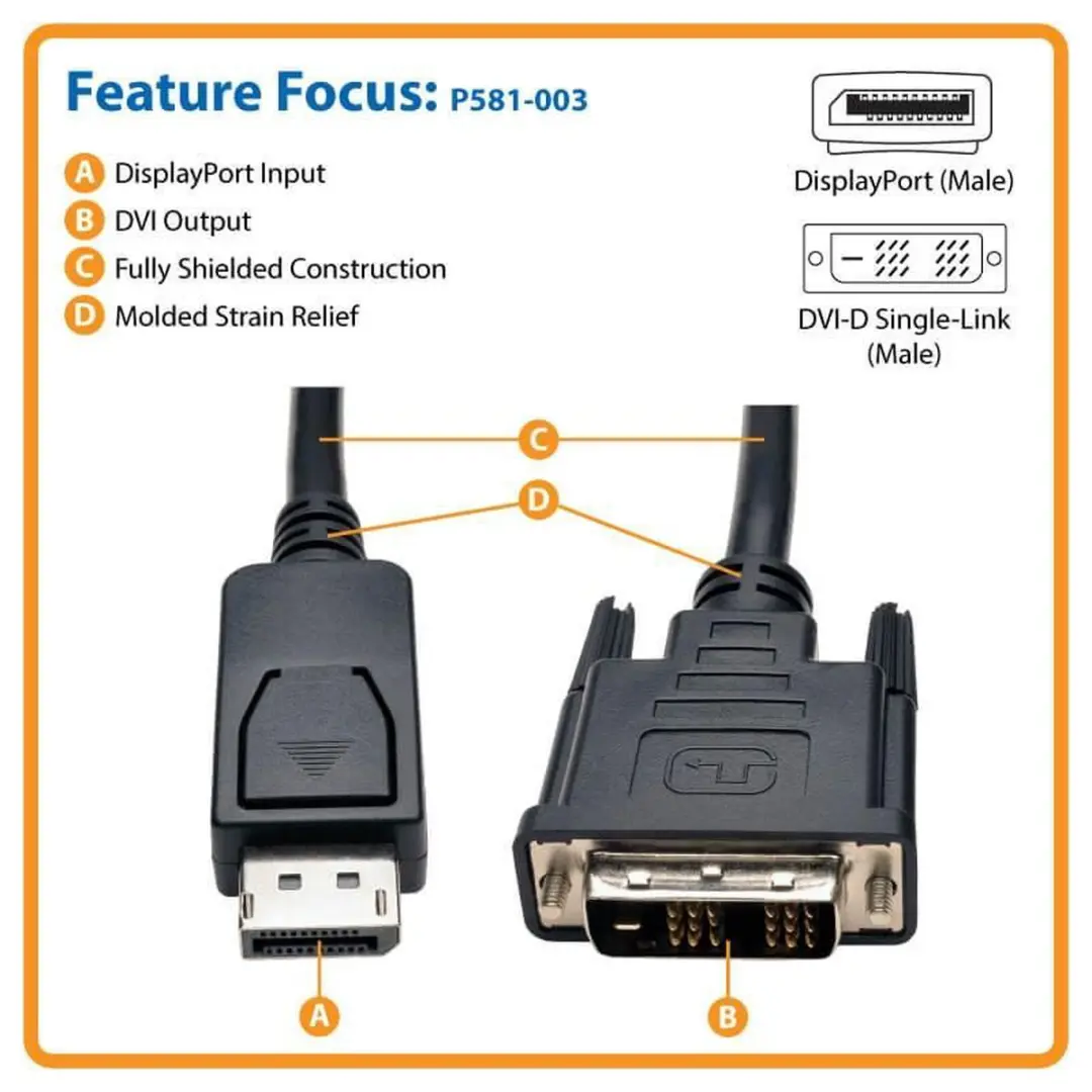 Tripp Lite P581-003 DisplayPort naar DVI-D Adapterkabel - Zwart