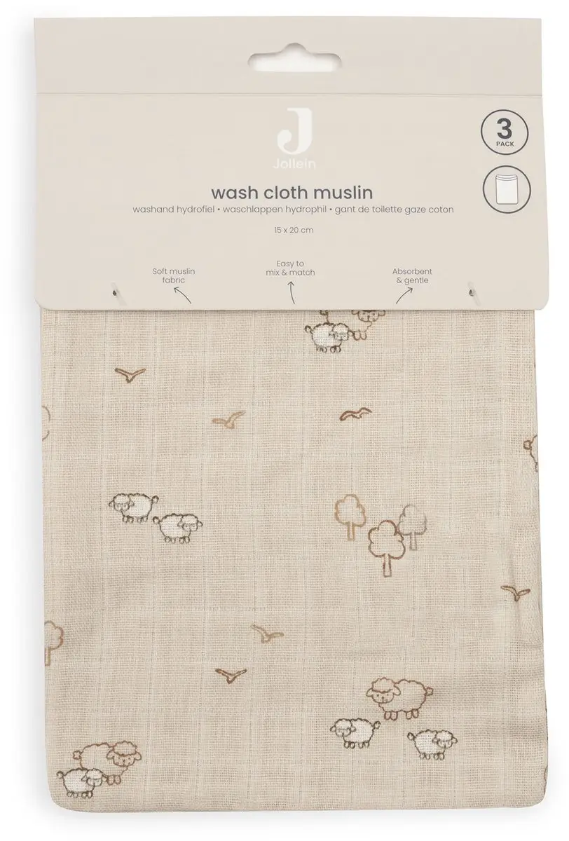 Jollein Hydrofiel Washandje Woolly 15x20cm - 3 Stuks - Multicolor
