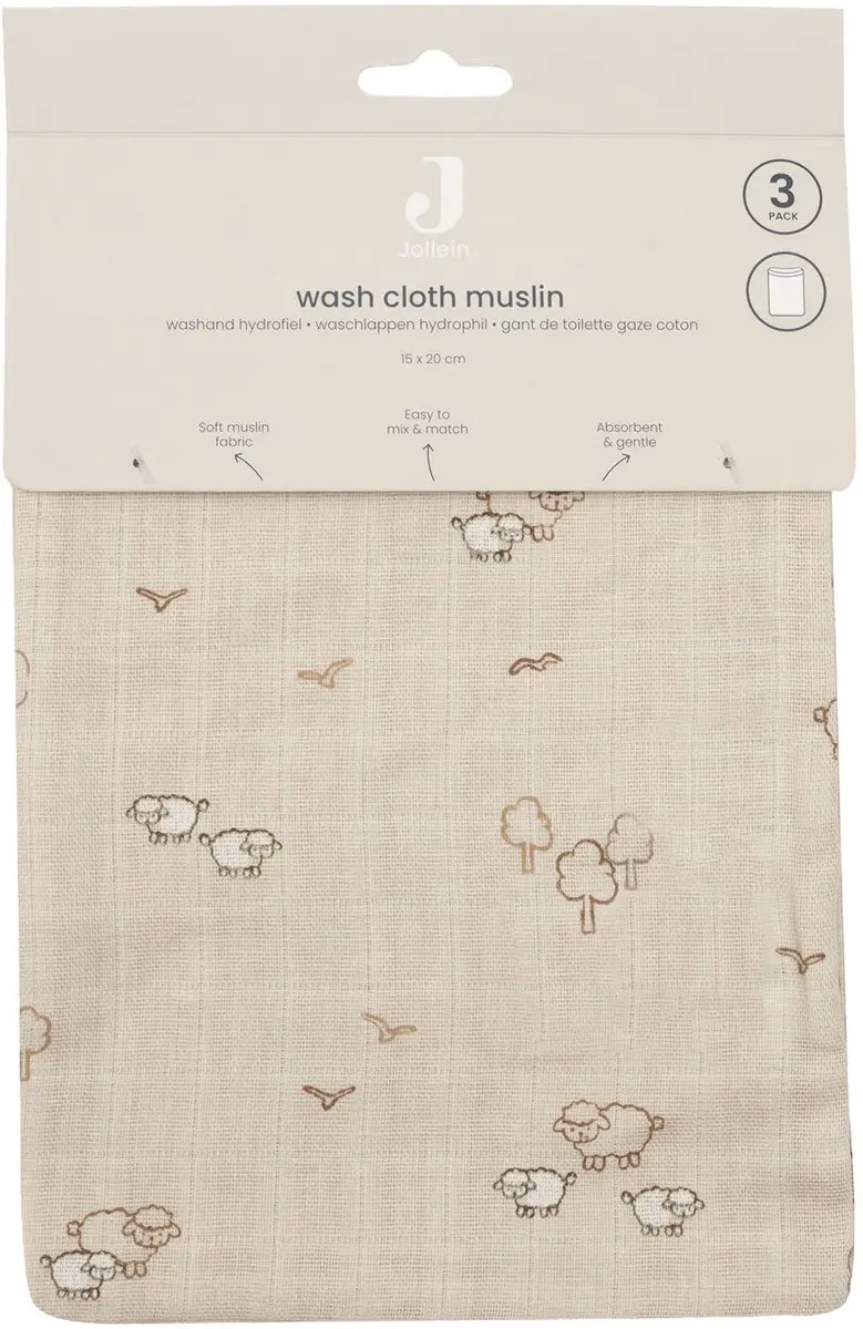 Jollein Hydrofiel Washandje Woolly 15x20cm - 3 Stuks - Multicolor