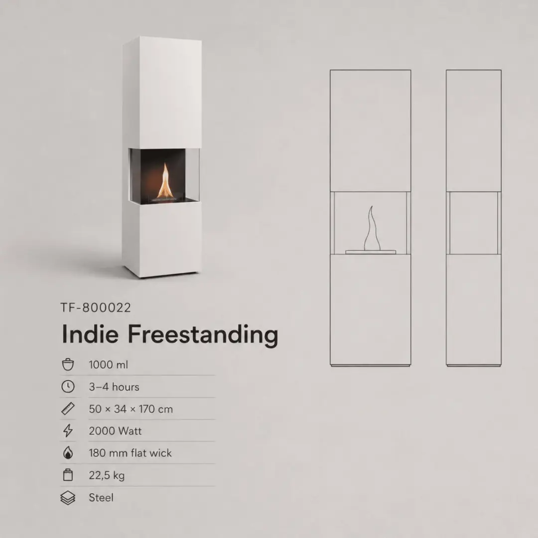 Indie Freestanding Wit Tenderflame Bio-Ethanol Haard 2000W - afbeelding 4 van 6