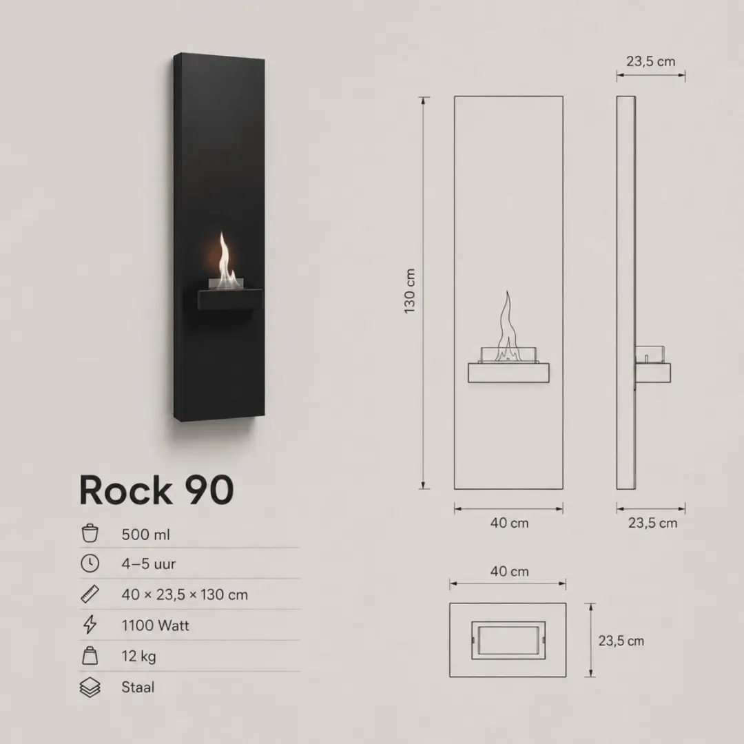 Tenderflame Rock 90 Wandhaard 1100W - Schwarz - afbeelding 3 van 6