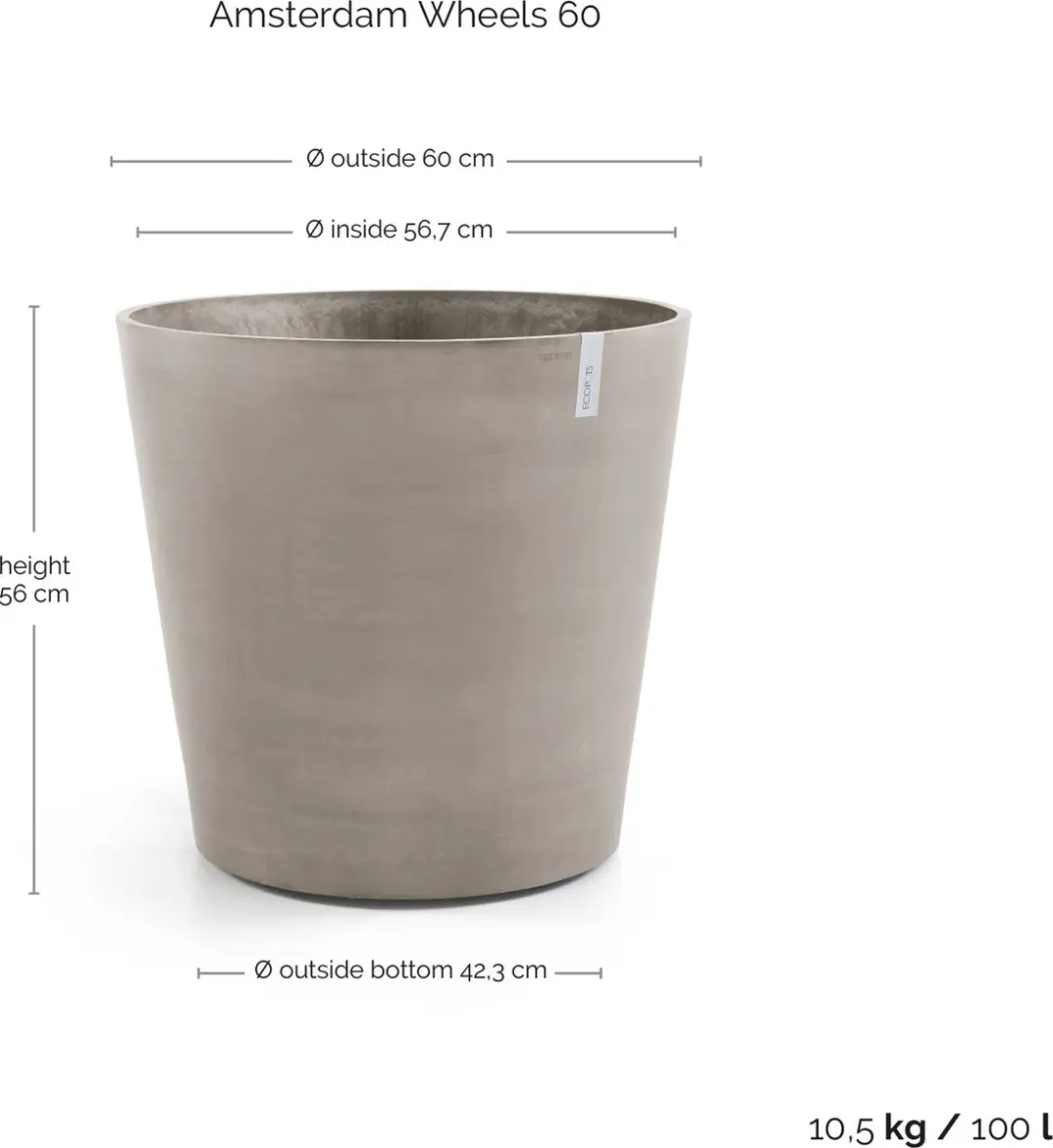 Ecopots Amsterdam Wheels 60 Bloempot - Ø60cm H56cm Taupe - afbeelding 3 van 6