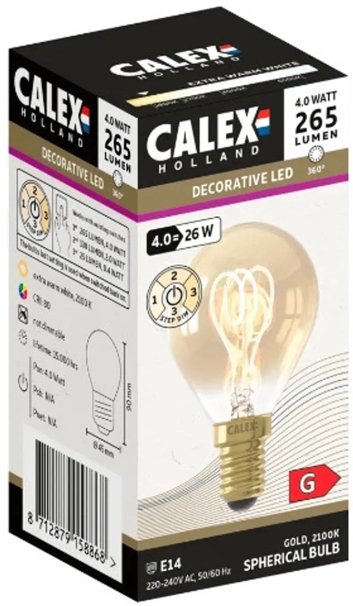 Calex E14 LED Kogellamp Goud 4W 265Lm 2100K - 3-Staps Dimbaar