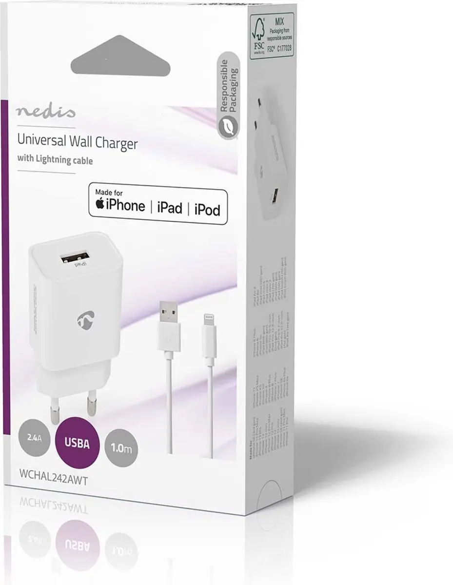 Nedis WCHAL242AWT Oplader 12W - 1x USB-A - 1m - Wit