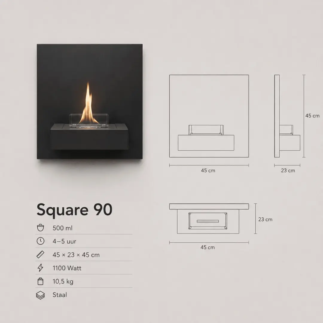 Tenderflame Square 90 Design Sfeerhaard - 1100W - Schwarz - afbeelding 3 van 6