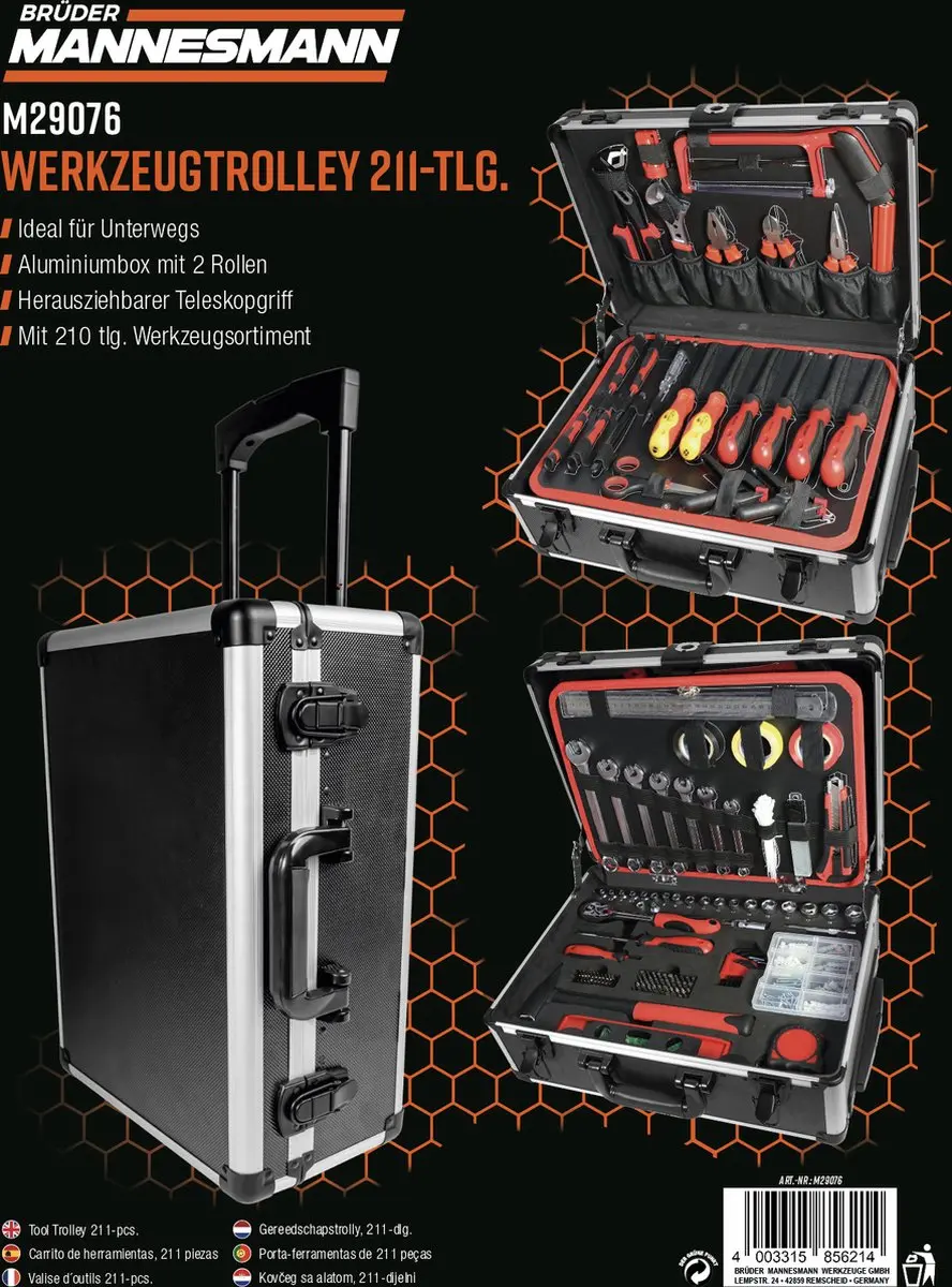 Brüder Mannesmann M29076 Gereedschapstrolley 211-delig - 4 Compartimenten