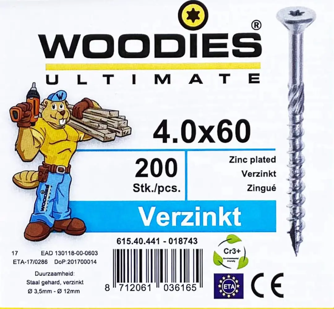 Woodies Ultimate Torx Platverzonkenkopschroef 4x60 - 200 Stuks - Blauw Verzinkt