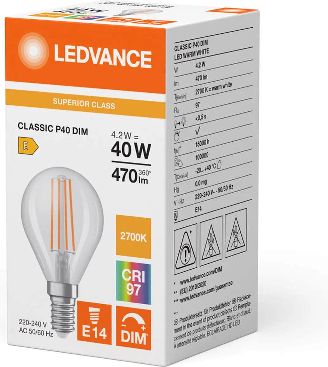 LEDVANCE Classic E14 Peer Filament 4.2W 470lm - Zeer Warm Wit