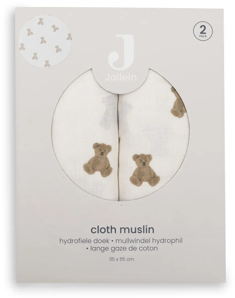 Jollein Hydrofiele Doek Large 115x115cm Mini Teddy Bear - 2 Stuks