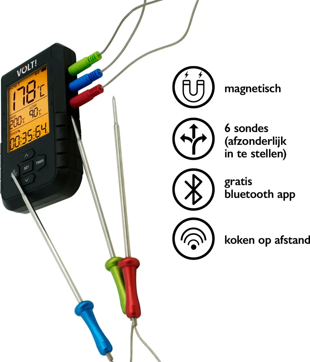 Volt! BBQ Thermometer - 6 Sondes - Bluetooth - Zwart