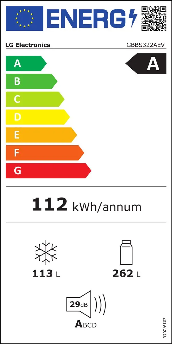 LG GBBS322AEV Koel-Vriescombinatie Vrijstaand 375L