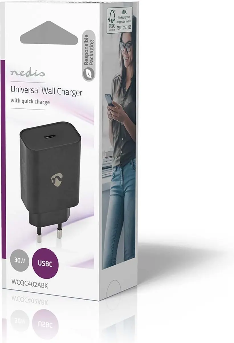 Nedis WCQC402ABK Oplader 30W USB-C - Zwart
