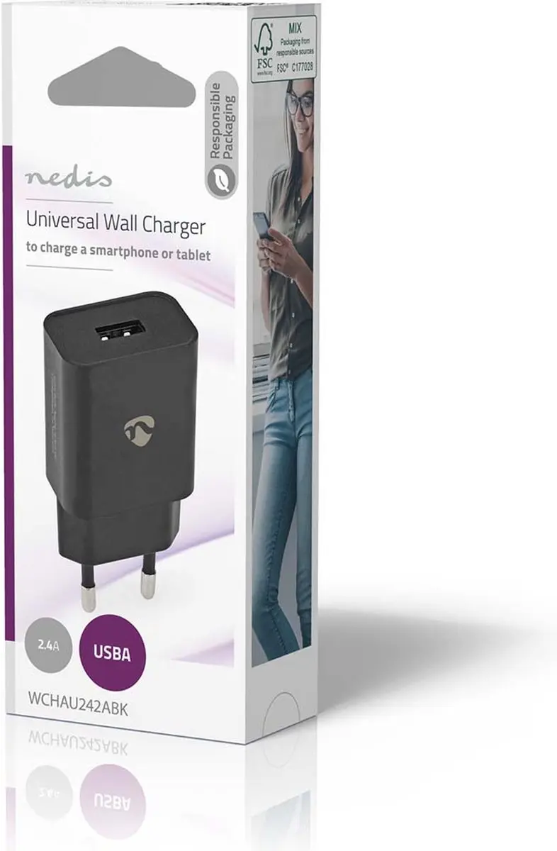 Nedis WCHAU242ABK Oplader 12W - USB-A - Zwart - afbeelding 4 van 6