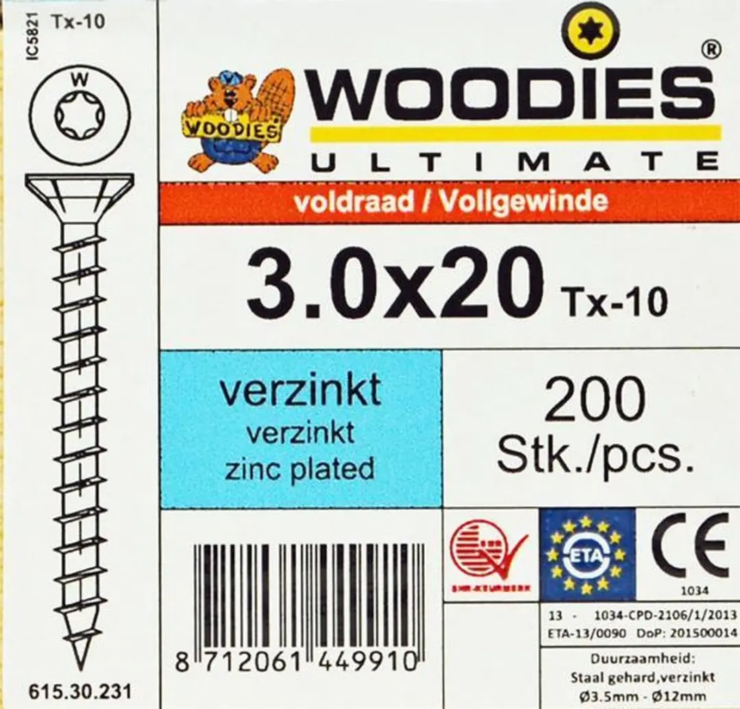 Woodies Ultimate Torx Verzinkt 3x20 Schroef - 200 Stuks - afbeelding 6 van 6