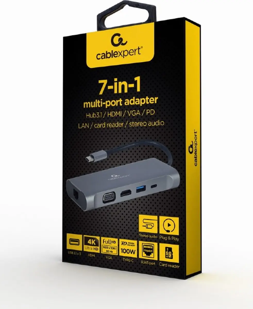 Cablexpert USB-C Multi-Poort 7-in-1 A-CM-COMBO7-01 - Donkergrijs-Zwart