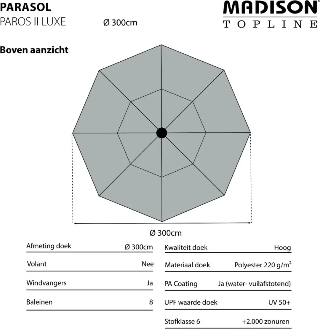 Madison Paros LL Parasol 300cm - Grijs