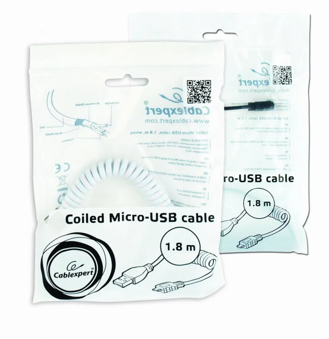 Cablexpert USB Micro-B naar USB-A Spiraalkabel 1,8m - Zwart