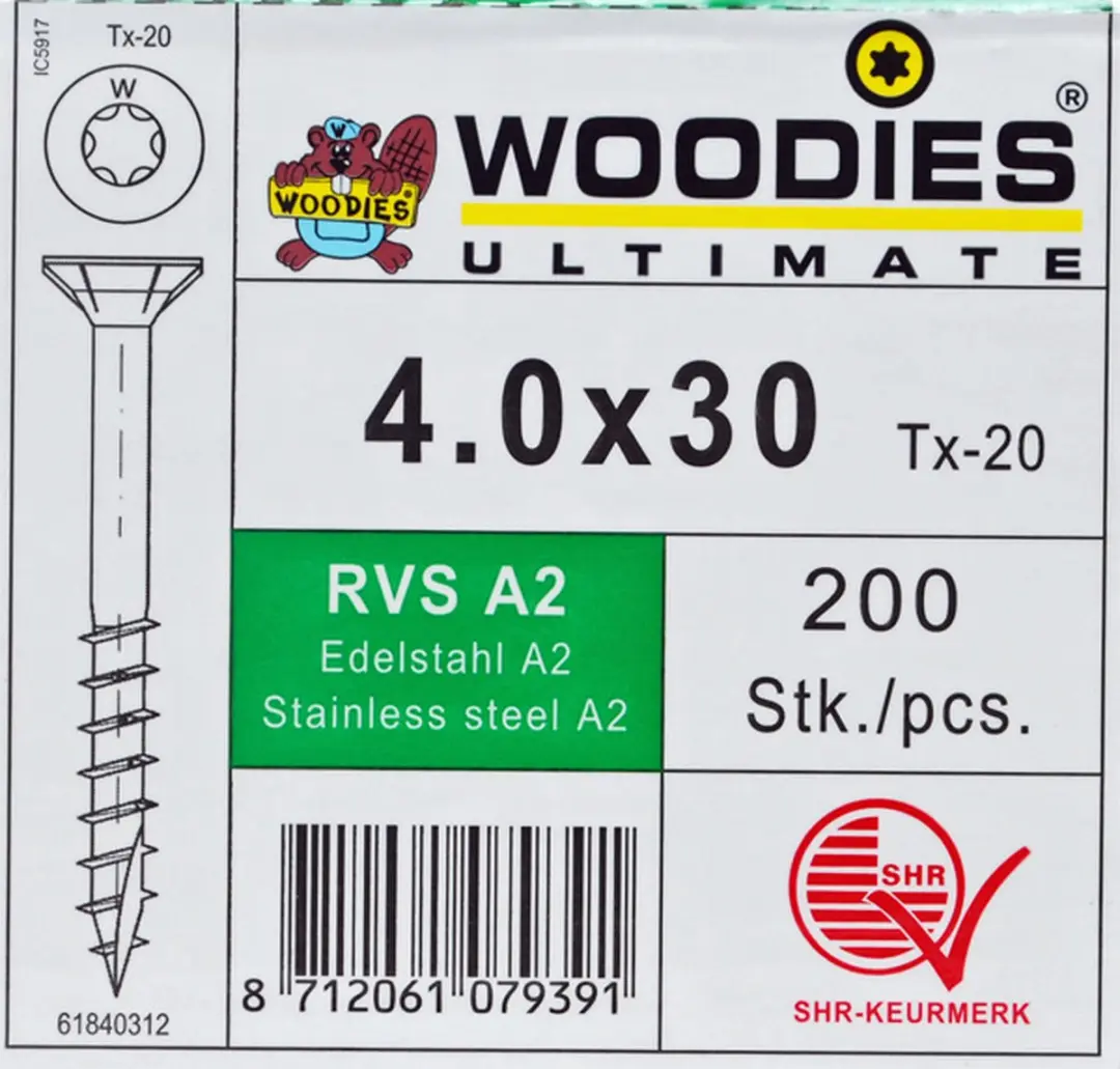 Woodies Ultimate Torx RVS 4x30 Platverzonkenkopschroef - 200 Stuks