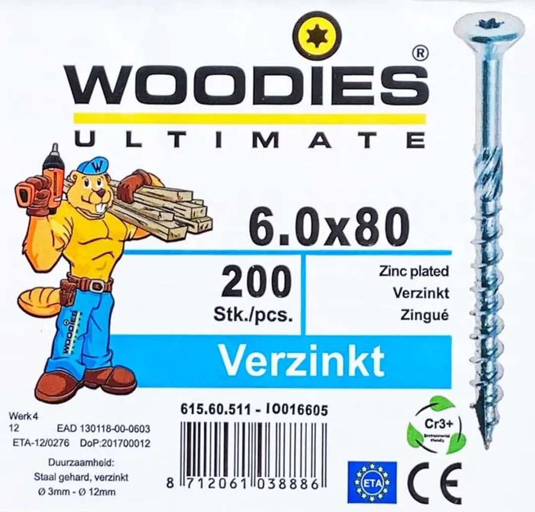 Woodies Ultimate Torx Verzinkt 6x80 Platverzonkenkopschroef - 200 Stuks
