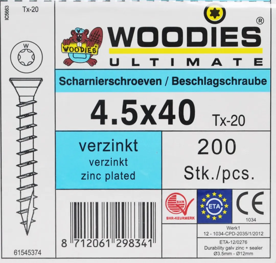 Woodies Ultimate Scharnierschroef Torx 4,5x40mm Verzinkt - 200 Stuks