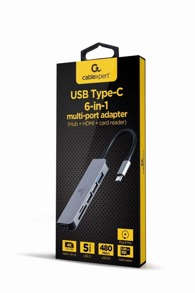 Cablexpert Gembird A-CM-COMBO6-02 USB-C Hub 6-in-1 - Grijs