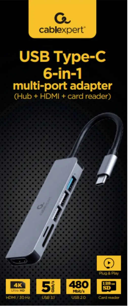 Cablexpert Gembird A-CM-COMBO6-02 USB-C Hub 6-in-1 - Grijs