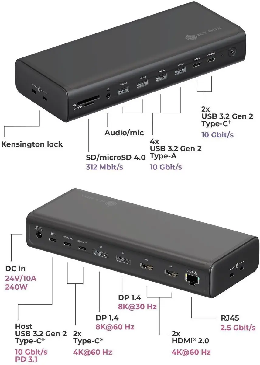 Icy Box IB-DK7401-CU31 USB 3.2 Gen 2 Type-C Adapter - Zwart